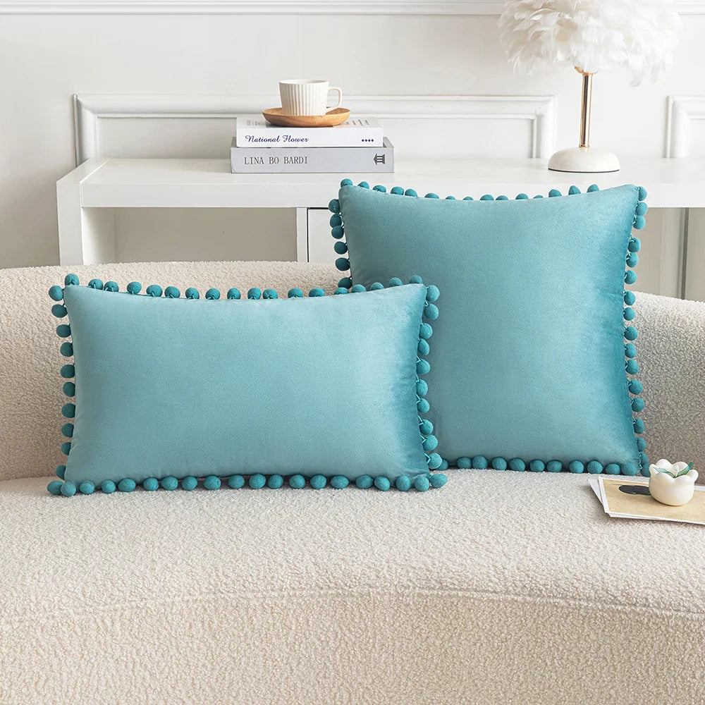 Velvet Throw Pillow Cover with Cute Pompom 30x50cm 45x45cm 50x50cm European Luxury Cushion Case for Christmas Gift Pillow Cover