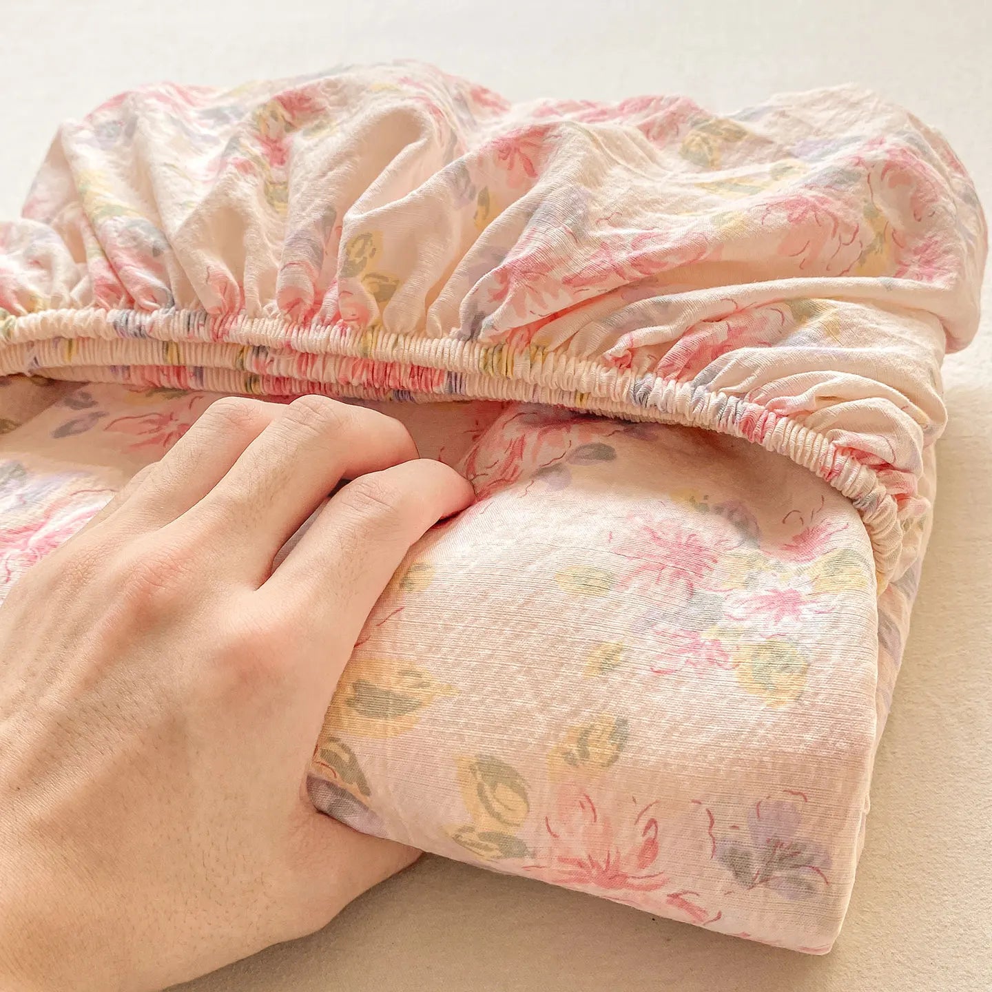Washed Cotton Fitted Sheet with Elastic Bands Non Slip Adjustable Mattress Cover Printed  Pure Cotton  for Double King Queen