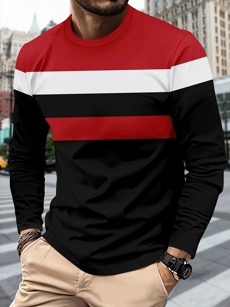 2025 New Men's Casual Long-sleeved Striped and Eagle Emblem Breathable Round-neck Long-sleeved T-shirt Multi-functional Clothing