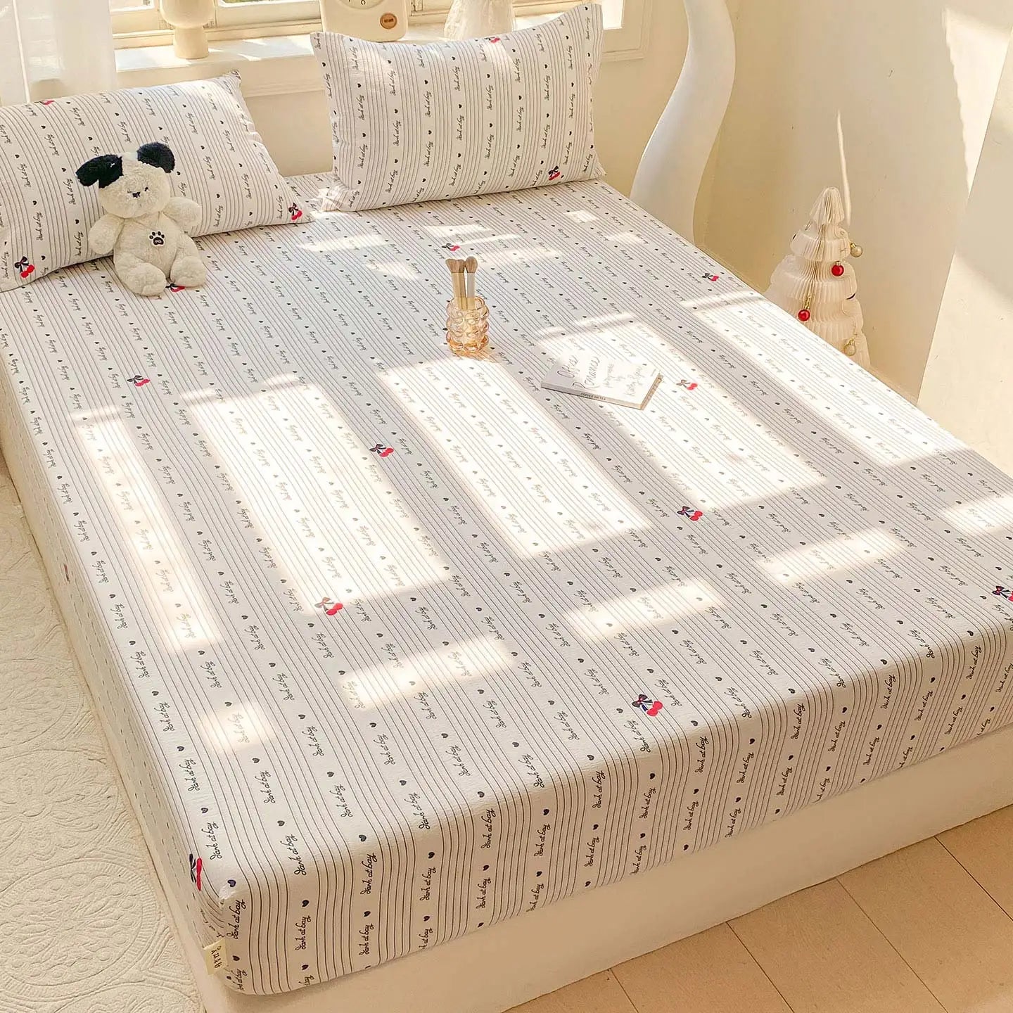 Washed Cotton Fitted Sheet with Elastic Bands Non Slip Adjustable Mattress Cover Printed  Pure Cotton  for Double King Queen