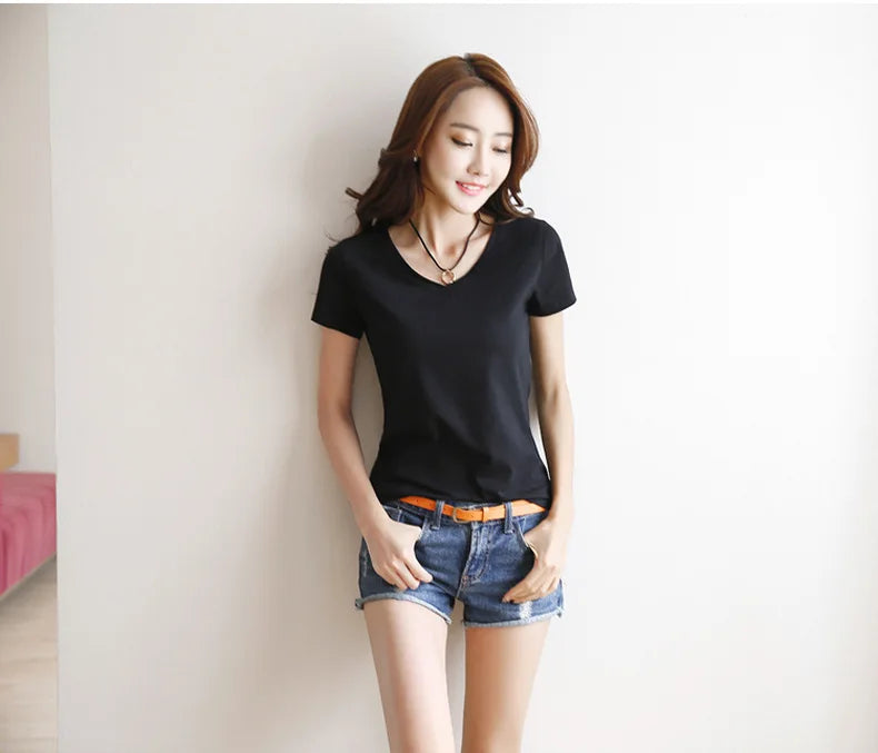 Spring Summer Women Cotton T-shirt Black V-Neck Short Sleeve Female Tee Slim White T-Shirt Casual Solid Lady Tshirt Tops