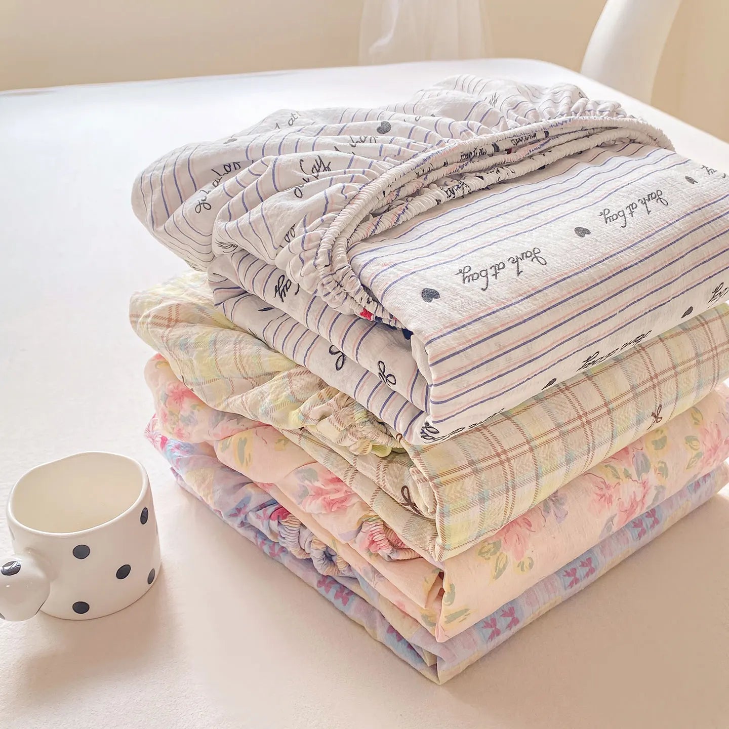 Washed Cotton Fitted Sheet with Elastic Bands Non Slip Adjustable Mattress Cover Printed  Pure Cotton  for Double King Queen
