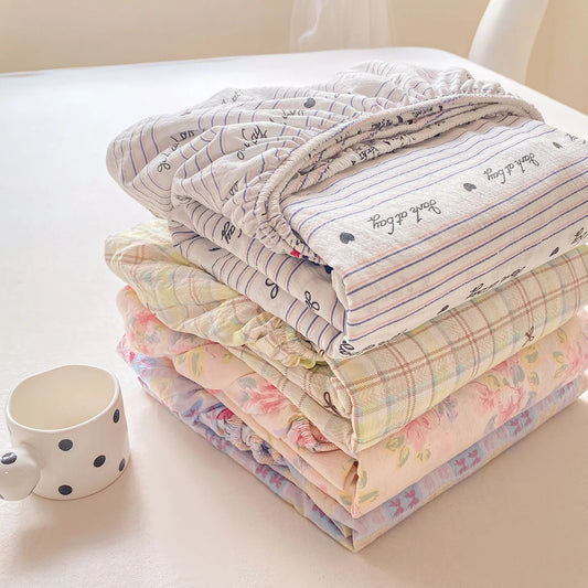 Washed Cotton Fitted Sheet with Elastic Bands Non Slip Adjustable Mattress Cover Printed  Pure Cotton  for Double King Queen