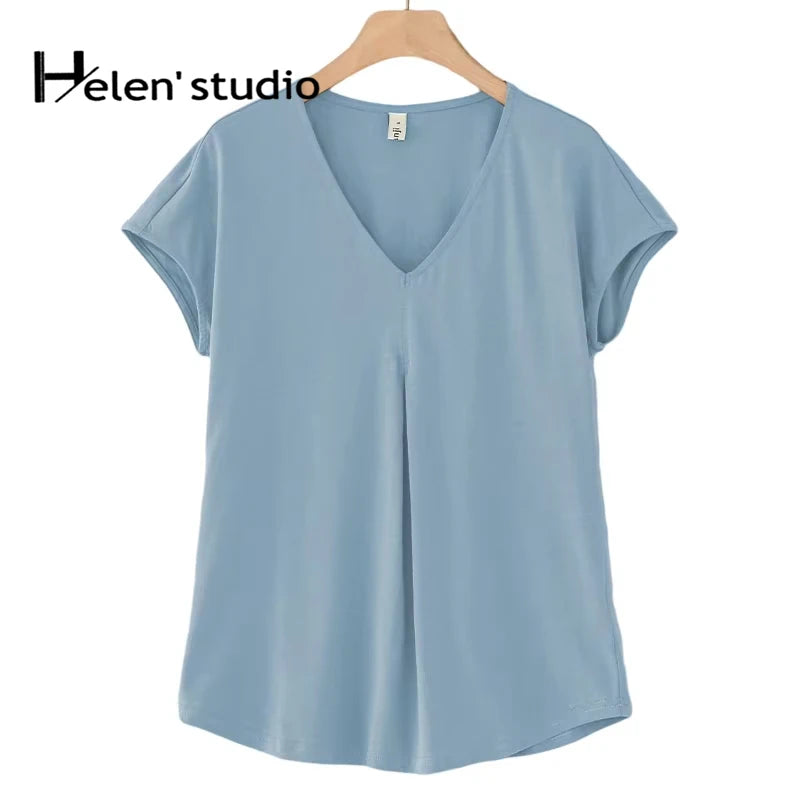 Original Fashion Casual Women Cotton T-Shirts Short Sleeve V-neck Summer Loose Big Size Women Tees Top Yellow T-shirt M30395