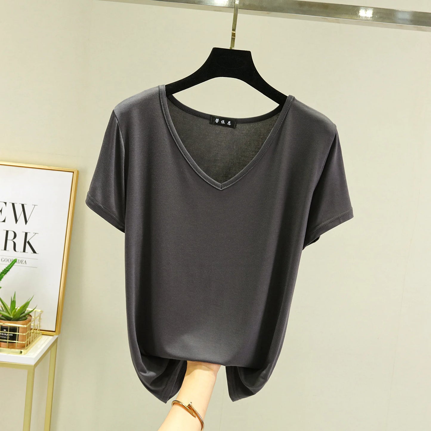 Summer women Modal V-Neck Tshirt Thin Bottoming T-shirts Plus size Loose tee tops Streetwear Basic Top