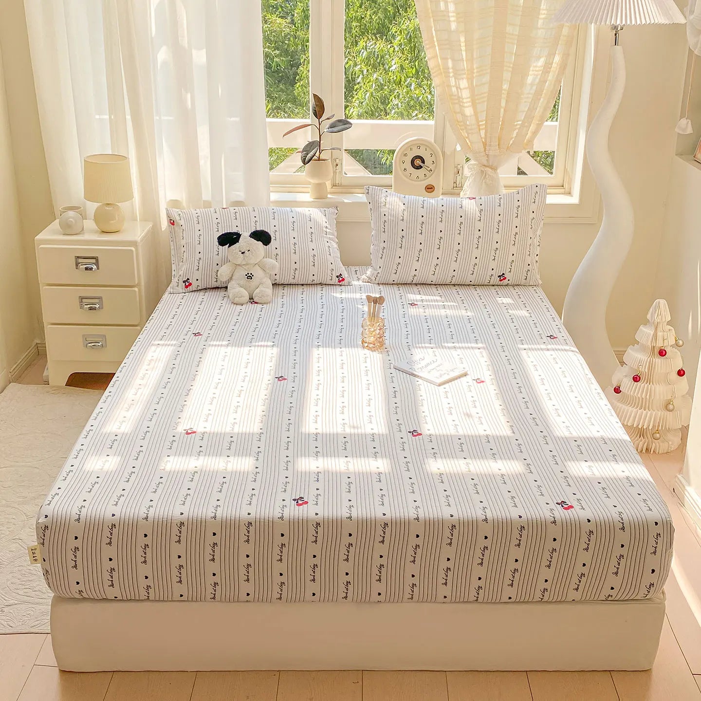 Washed Cotton Fitted Sheet with Elastic Bands Non Slip Adjustable Mattress Cover Printed  Pure Cotton  for Double King Queen