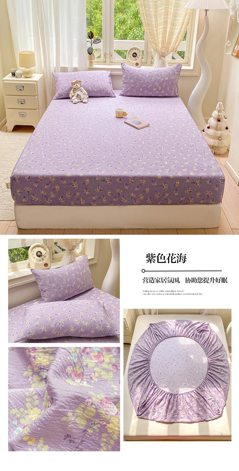 Washed Cotton Fitted Sheet with Elastic Bands Non Slip Adjustable Mattress Cover Printed  Pure Cotton  for Double King Queen