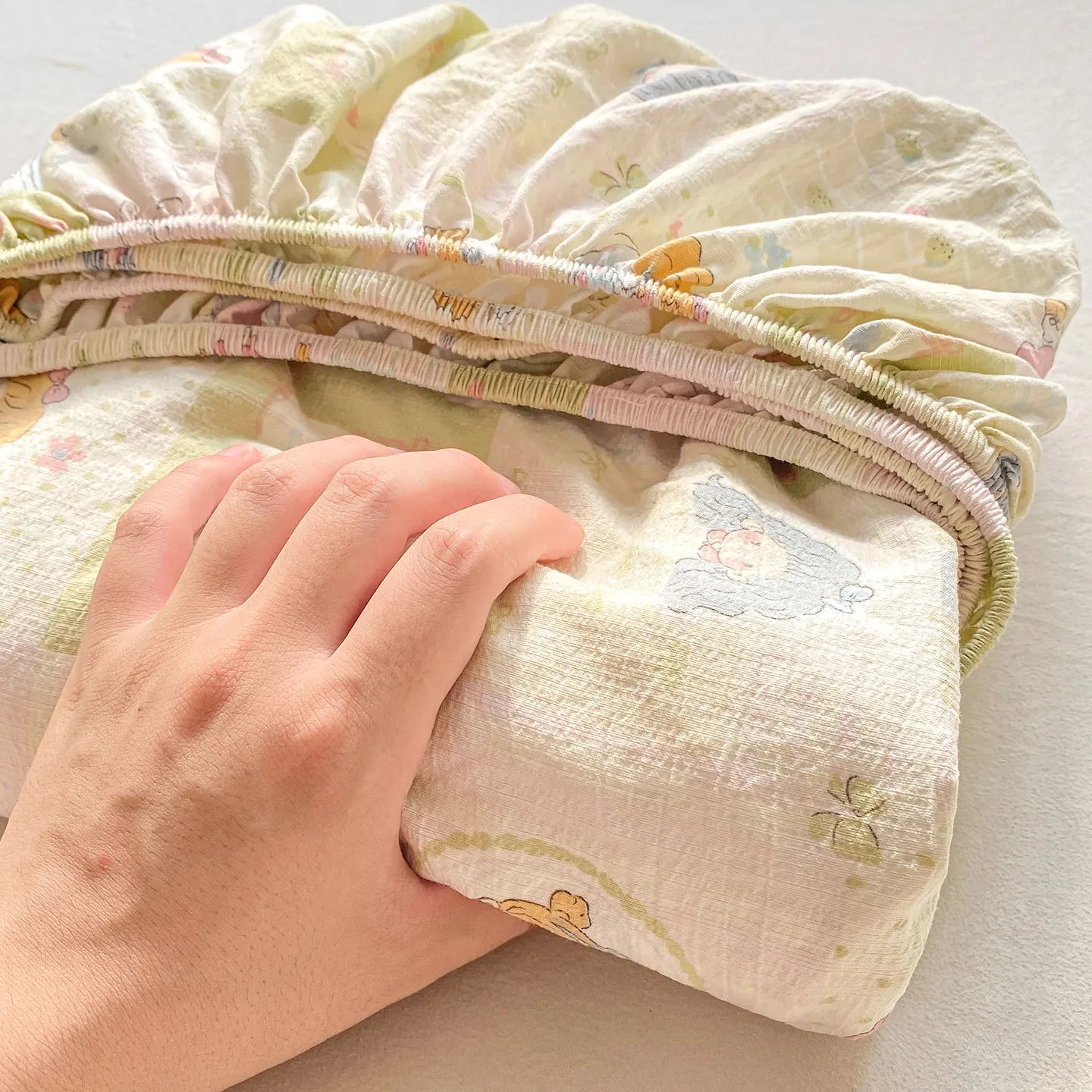 Washed Cotton Fitted Sheet with Elastic Bands Non Slip Adjustable Mattress Cover Printed  Pure Cotton  for Double King Queen