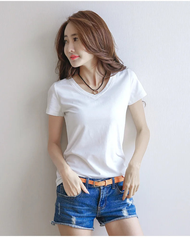 Spring Summer Women Cotton T-shirt Black V-Neck Short Sleeve Female Tee Slim White T-Shirt Casual Solid Lady Tshirt Tops