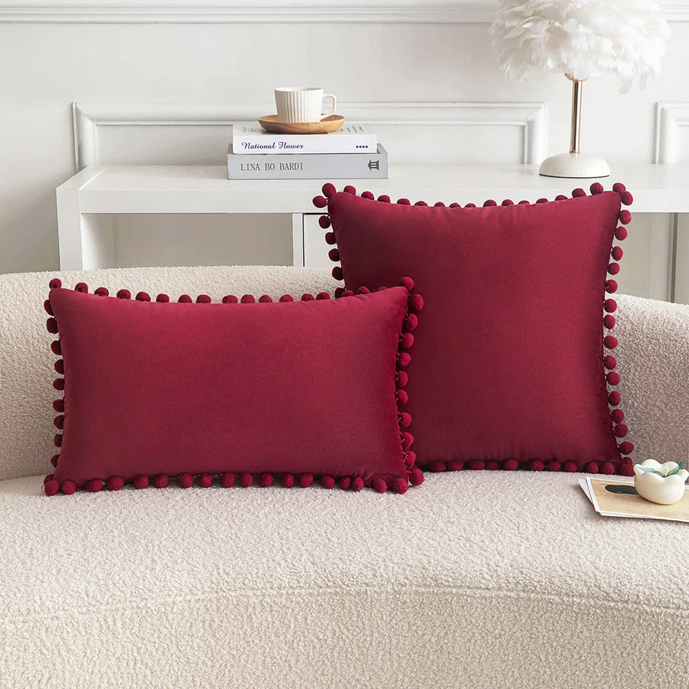 Velvet Throw Pillow Cover with Cute Pompom 30x50cm 45x45cm 50x50cm European Luxury Cushion Case for Christmas Gift Pillow Cover