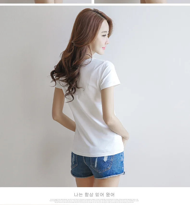 Spring Summer Women Cotton T-shirt Black V-Neck Short Sleeve Female Tee Slim White T-Shirt Casual Solid Lady Tshirt Tops