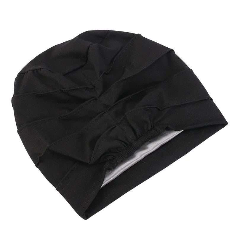 Women Stretch Beanie Chemo Cotton Hair Turban Hat Double-layer Soft Satin Lining Crinkled Hijab Inner Hijab Caps
