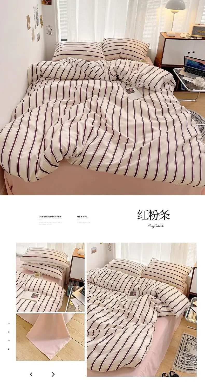 Simple Style Red And Blue Strip Duvet Cover Set Bed Sheet Set Washed Cotton Bedding Set