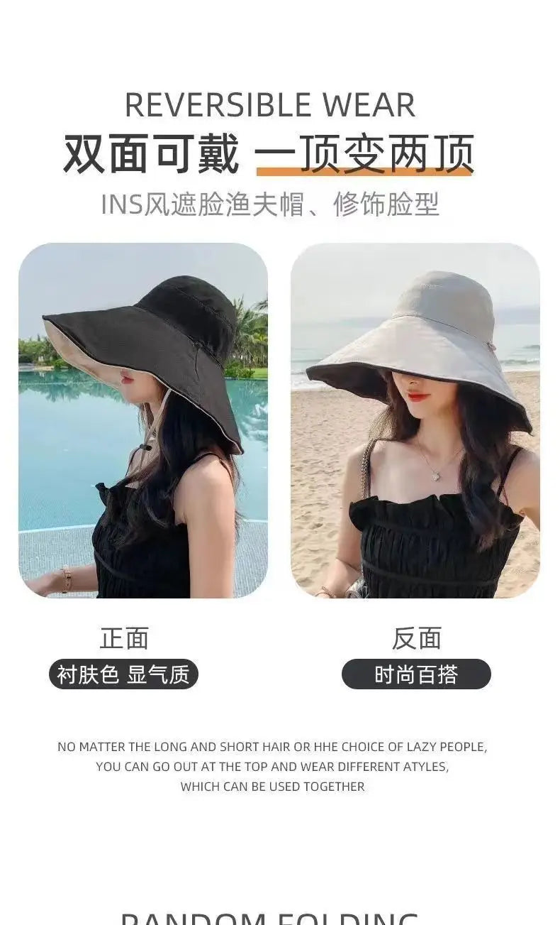 Wide Brim UPF 50+ Sun Hat Women Anti-UV Protection Hiking Fisherman Cap Fold Summer Solid Beach Hat 2023 Double sided Sun hat