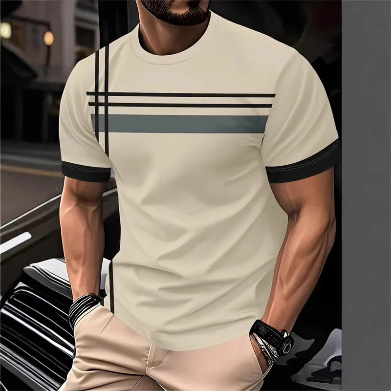 Fashion Simple Wide Stripes T Shirts For Men Summer Casual 3D Printed Contrasting Colors polyester T-shirts StreetwearTops Tees