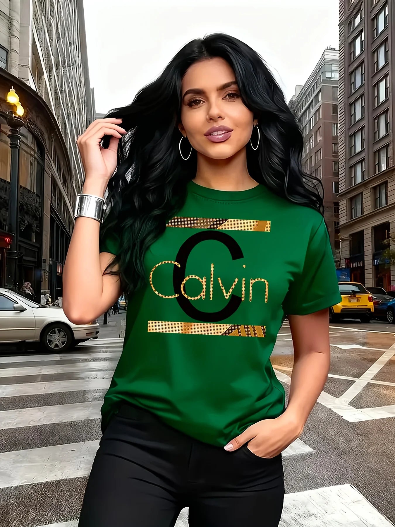 Calvin Letter Print Women's Tee - Gold Graphic Green Casual Top