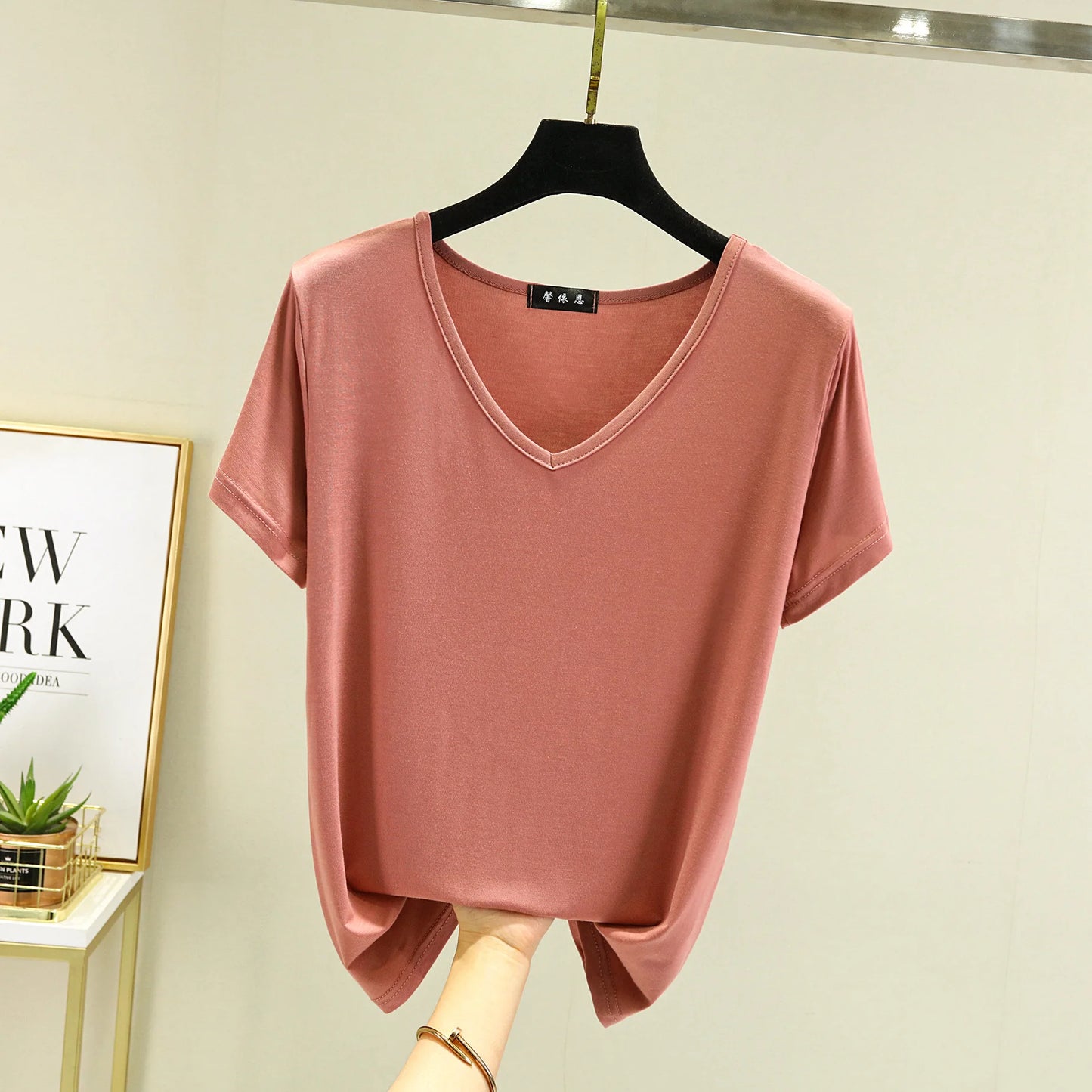 Summer women Modal V-Neck Tshirt Thin Bottoming T-shirts Plus size Loose tee tops Streetwear Basic Top
