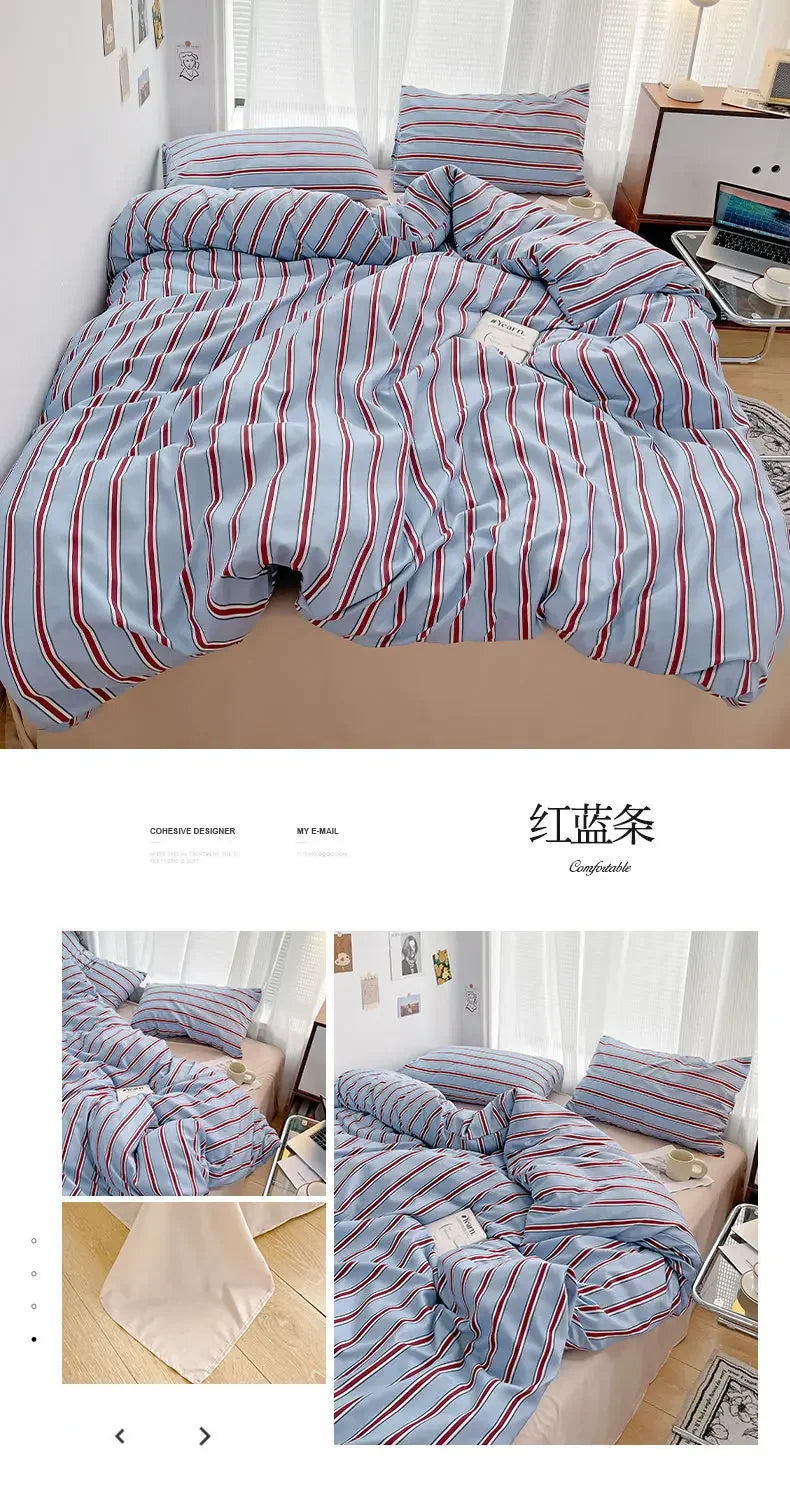 Simple Style Red And Blue Strip Duvet Cover Set Bed Sheet Set Washed Cotton Bedding Set