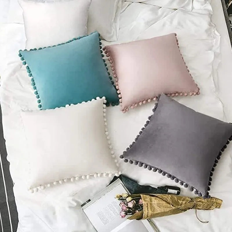 Velvet Throw Pillow Cover with Cute Pompom 30x50cm 45x45cm 50x50cm European Luxury Cushion Case for Christmas Gift Pillow Cover