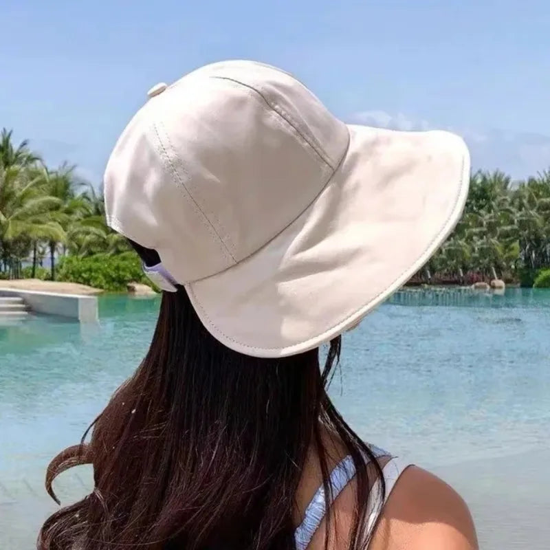 Women Summer Sunhat Cotton Ponytail Bucket Hat Outdoor Beach Adjustable Sun Visor Hats Solid Color Foldable Panama Fisherman Cap