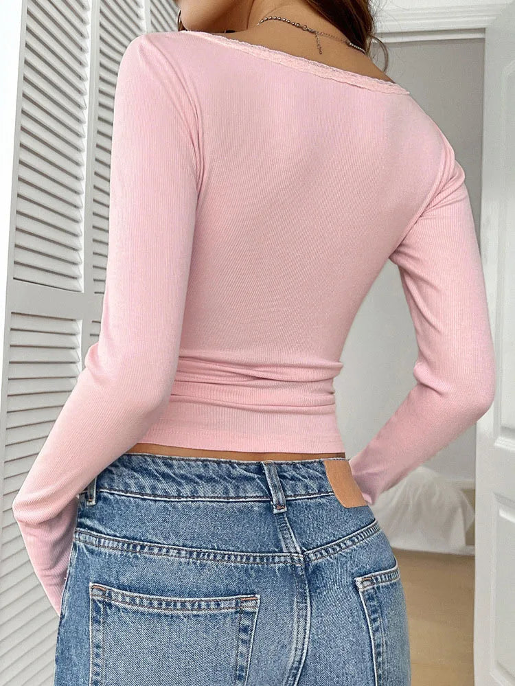 Women Y2K Lace Button Tops Autumn Spring Long Sleeve Solid Fashion T-shirts Slim Sexy Basic Pullover Shirt Casual Street Clothes