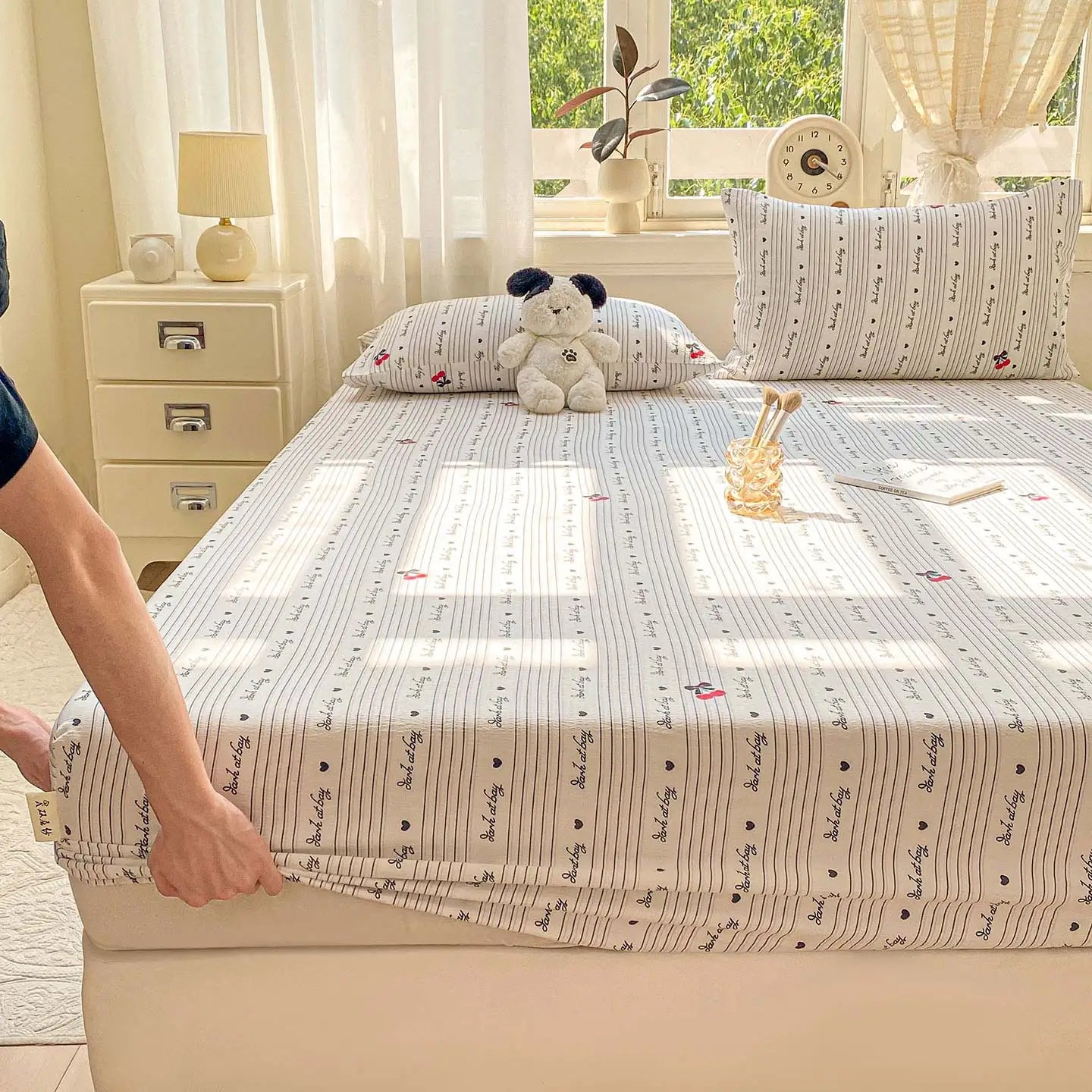 Washed Cotton Fitted Sheet with Elastic Bands Non Slip Adjustable Mattress Cover Printed  Pure Cotton  for Double King Queen