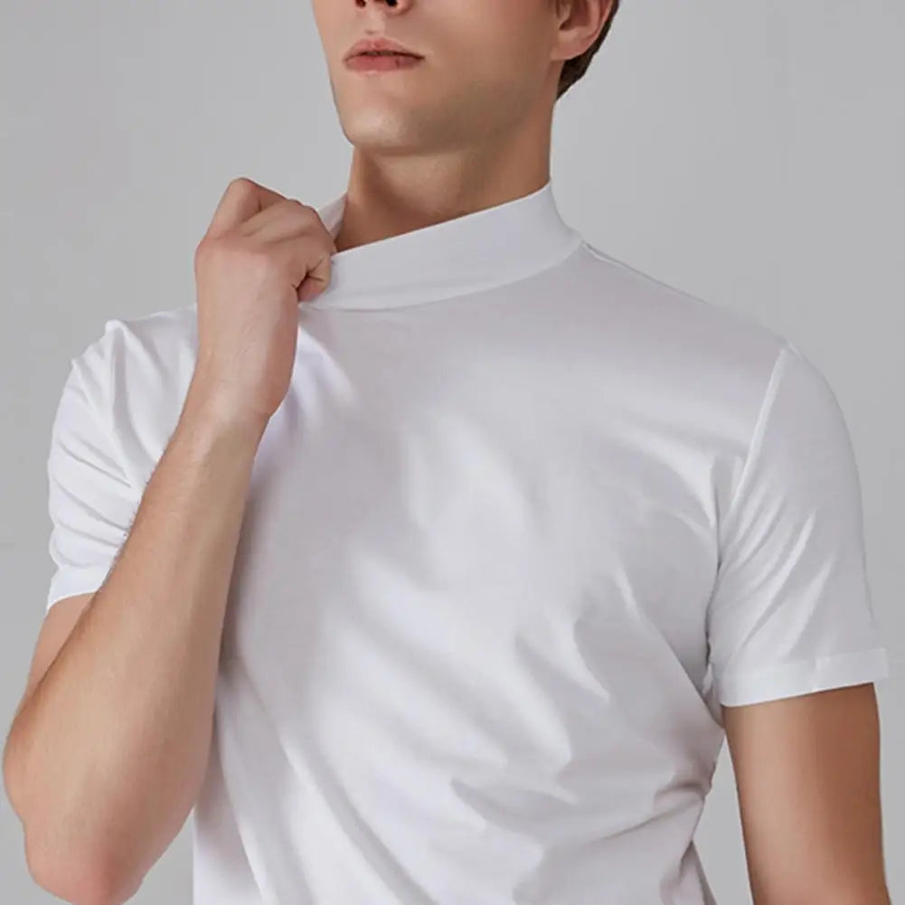 Men Half High Collar Slim Fit T-shirt Summer Casual Short Sleeve Solid Color Elastic Thin Pullover Tee Shirt Half Turtleneck Top