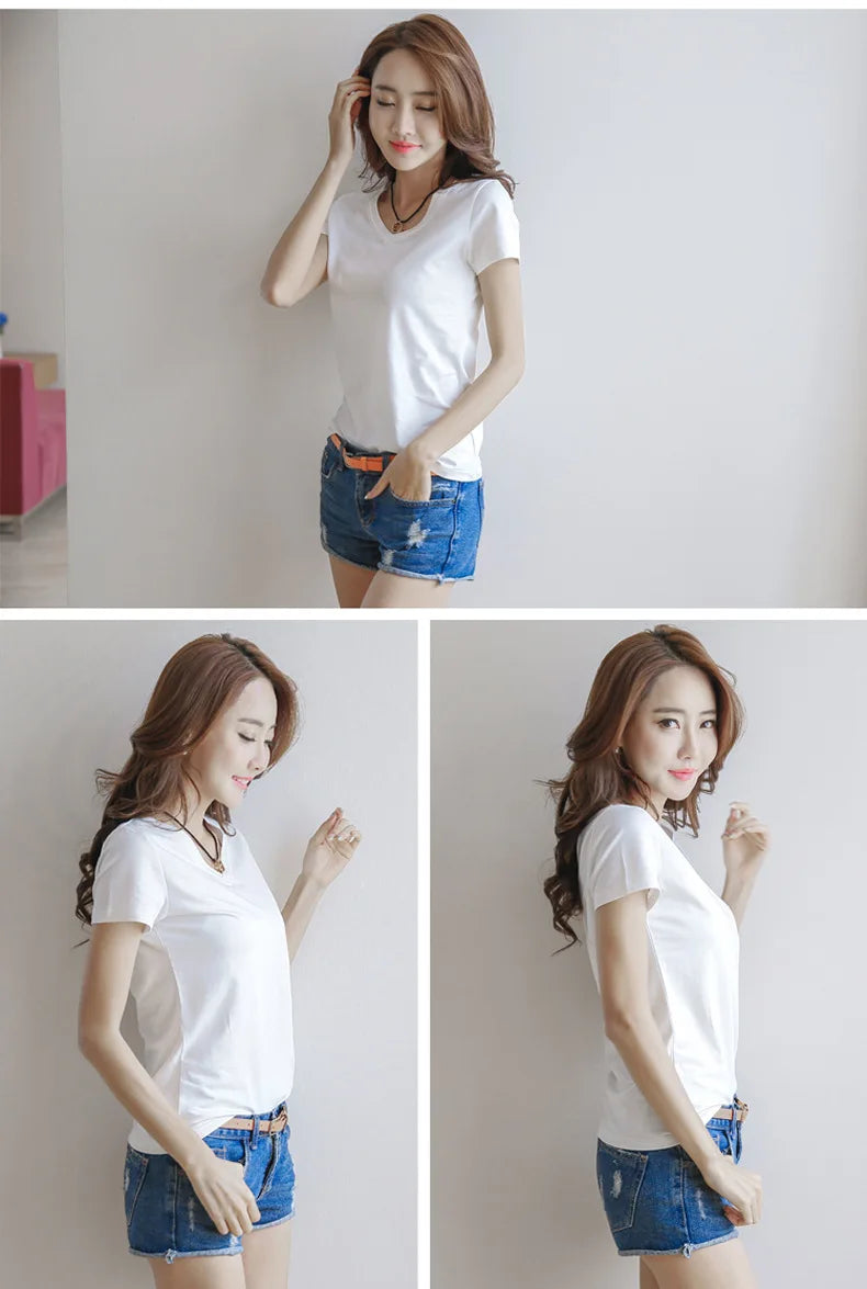 Spring Summer Women Cotton T-shirt Black V-Neck Short Sleeve Female Tee Slim White T-Shirt Casual Solid Lady Tshirt Tops