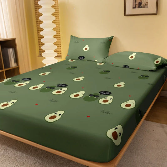 1 Cartoon Cute Avocado doll printed matte Fitted Sheet, bedroom printed bed cover, bedding (excluding pillowcases)