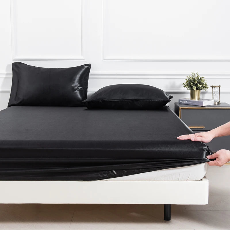 3pc Solid Color Fitted Sheet Set 1 bed sheet with 2 pillow cover Satin Fabric Soft Comfortable Breathble Bedding Set for Bedroom
