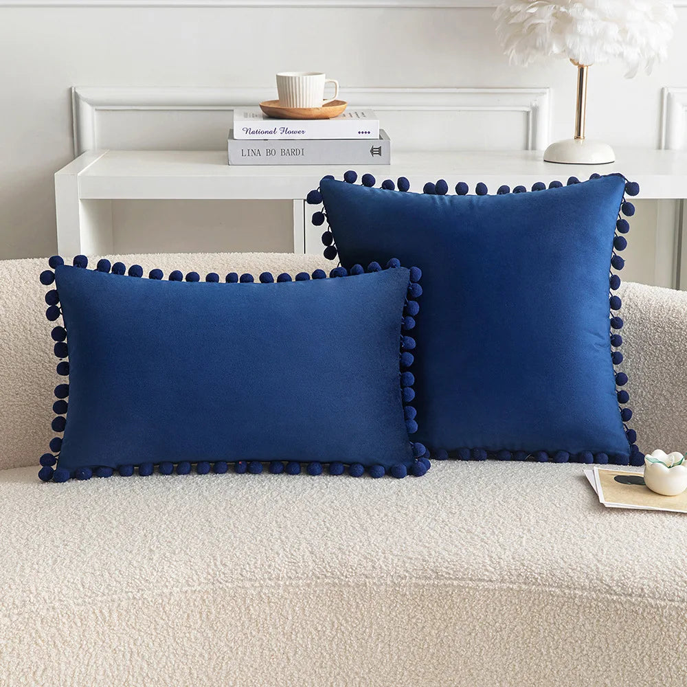 Velvet Throw Pillow Cover with Cute Pompom 30x50cm 45x45cm 50x50cm European Luxury Cushion Case for Christmas Gift Pillow Cover