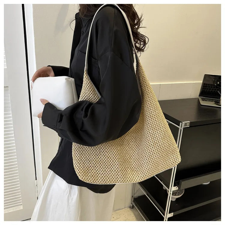 Casual Beach Summer Popular Woven Mother-in-law Bag 2024 Fashionable One-shoulder Seaside Travel Beach Straw Bag Drop Shipping