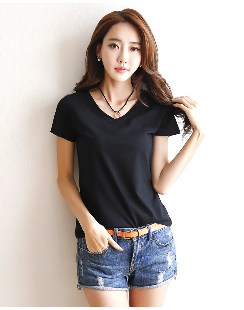 Spring Summer Women Cotton T-shirt Black V-Neck Short Sleeve Female Tee Slim White T-Shirt Casual Solid Lady Tshirt Tops