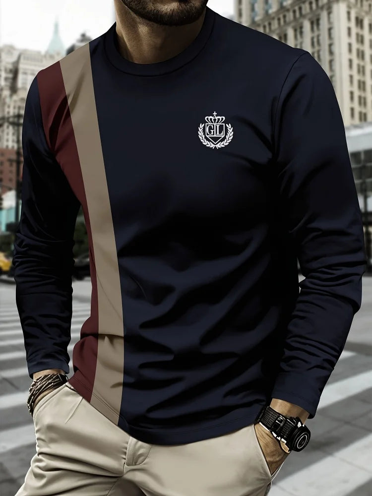 2025 New Men's Casual Long-sleeved Striped and Eagle Emblem Breathable Round-neck Long-sleeved T-shirt Multi-functional Clothing
