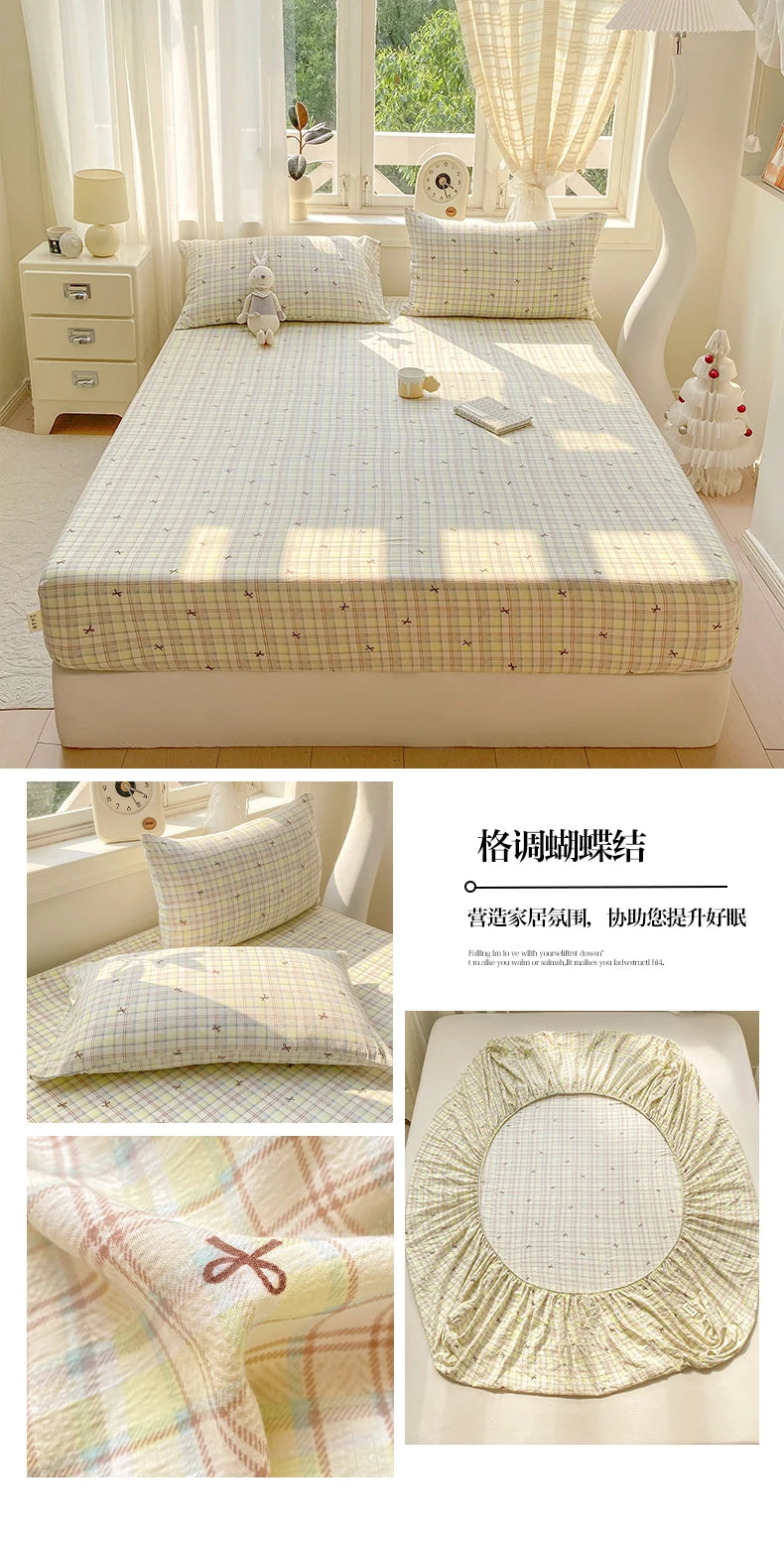 Washed Cotton Fitted Sheet with Elastic Bands Non Slip Adjustable Mattress Cover Printed  Pure Cotton  for Double King Queen