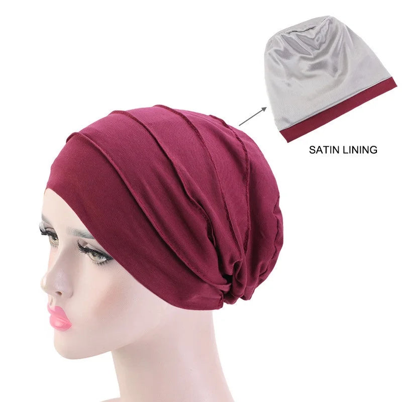 Women Stretch Beanie Chemo Cotton Hair Turban Hat Double-layer Soft Satin Lining Crinkled Hijab Inner Hijab Caps