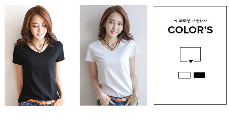 Spring Summer Women Cotton T-shirt Black V-Neck Short Sleeve Female Tee Slim White T-Shirt Casual Solid Lady Tshirt Tops