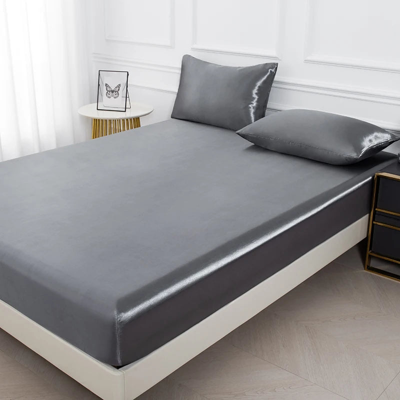 3pc Solid Color Fitted Sheet Set 1 bed sheet with 2 pillow cover Satin Fabric Soft Comfortable Breathble Bedding Set for Bedroom