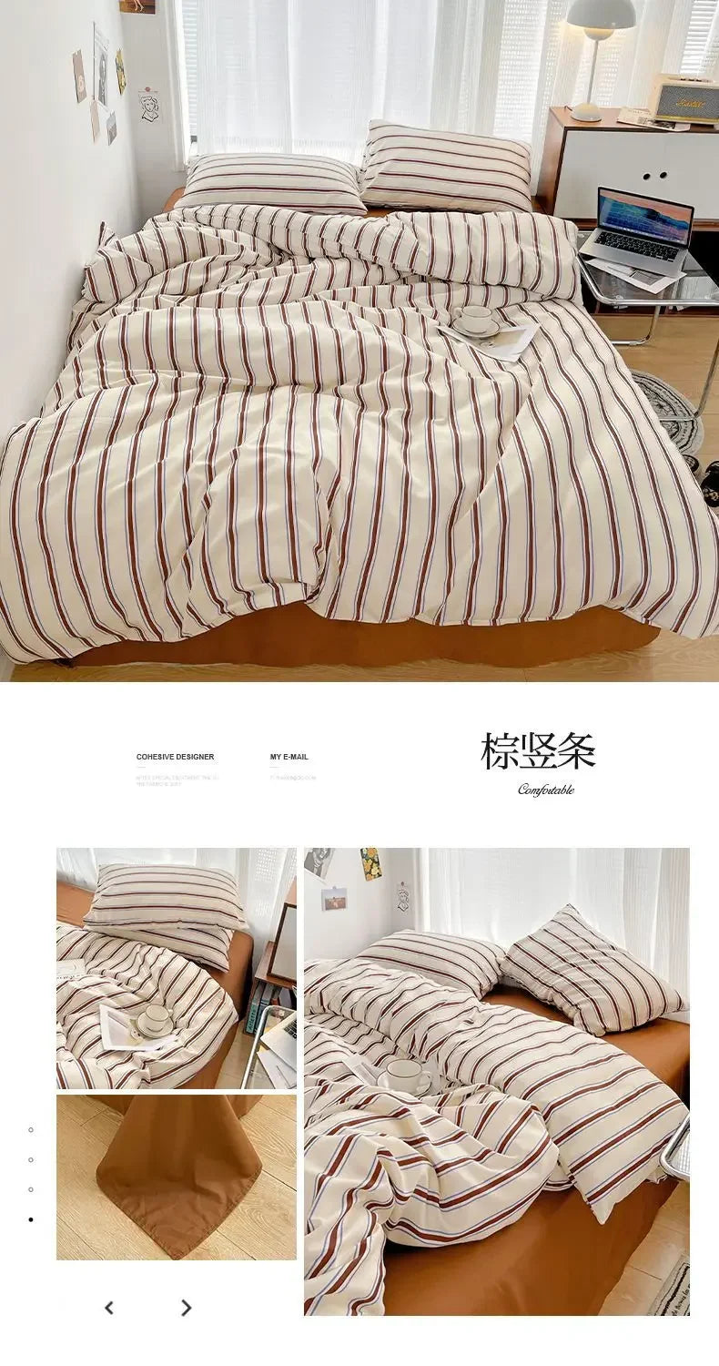 Simple Style Red And Blue Strip Duvet Cover Set Bed Sheet Set Washed Cotton Bedding Set