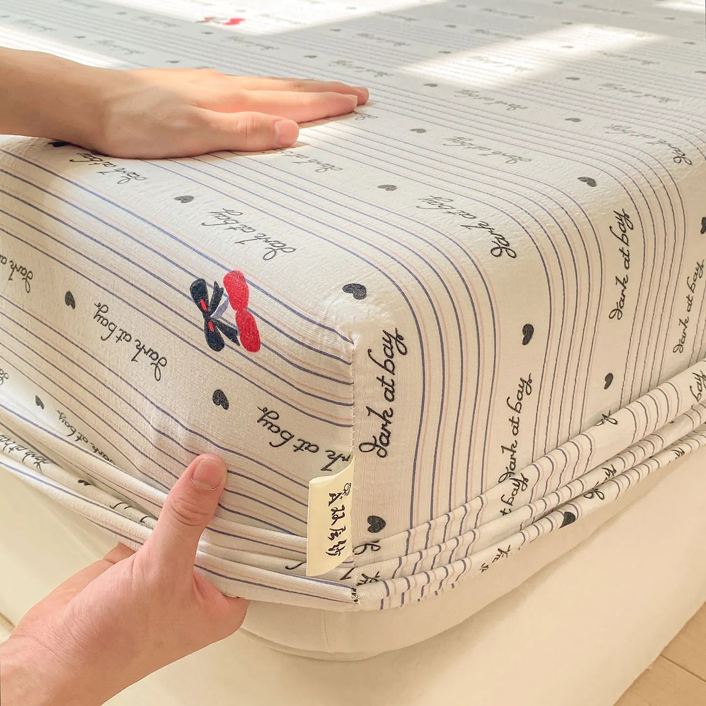 Washed Cotton Fitted Sheet with Elastic Bands Non Slip Adjustable Mattress Cover Printed  Pure Cotton  for Double King Queen