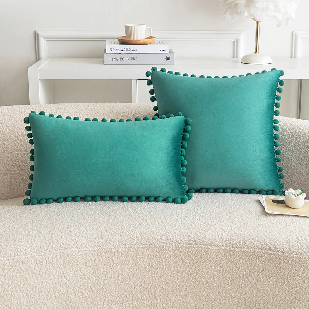 Velvet Throw Pillow Cover with Cute Pompom 30x50cm 45x45cm 50x50cm European Luxury Cushion Case for Christmas Gift Pillow Cover
