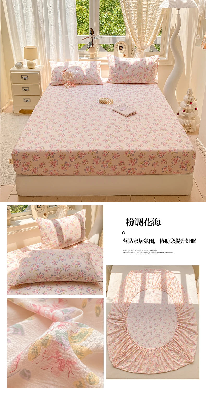 Washed Cotton Fitted Sheet with Elastic Bands Non Slip Adjustable Mattress Cover Printed  Pure Cotton  for Double King Queen