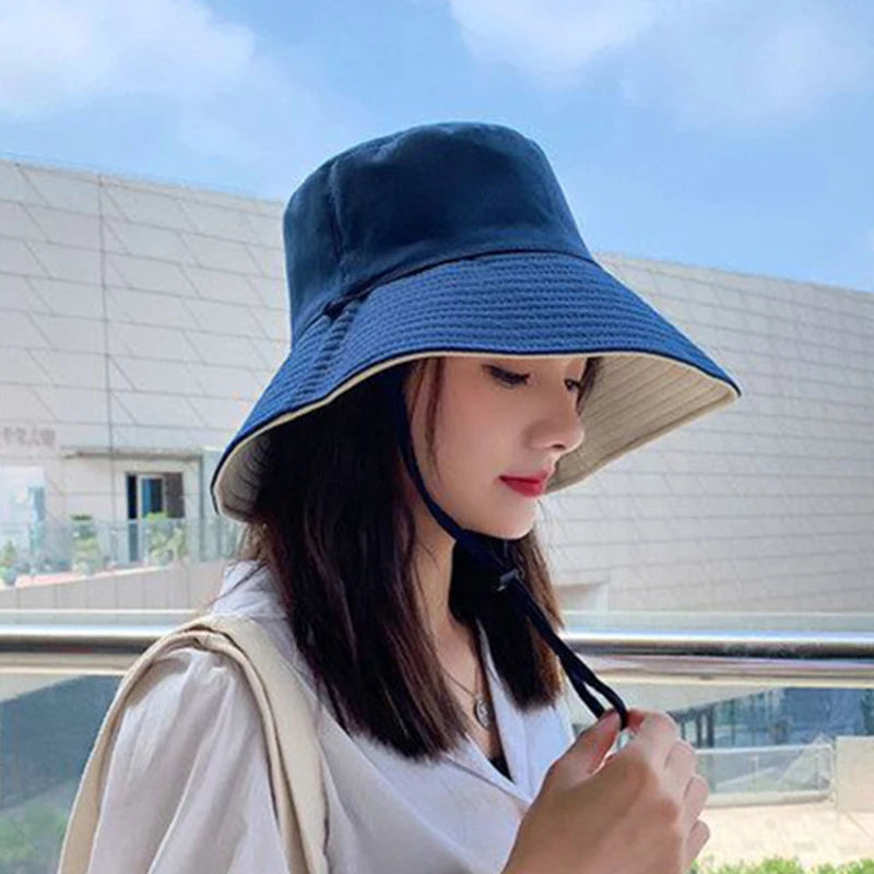 Wide Brim Women Double-sided Wear Bucket Hat Outdoor Foldable Sun Visor Panama Hats Girls Beach Travel Portable Fisherman Cap