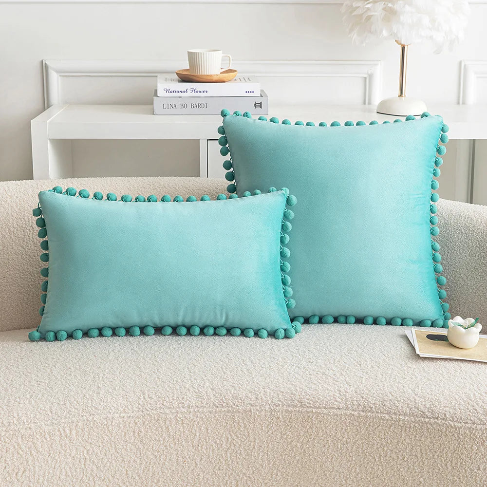 Velvet Throw Pillow Cover with Cute Pompom 30x50cm 45x45cm 50x50cm European Luxury Cushion Case for Christmas Gift Pillow Cover