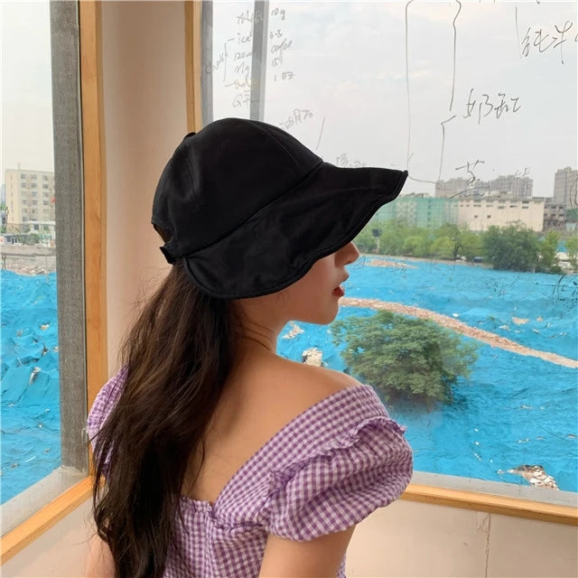 Women Summer Sunhat Cotton Ponytail Bucket Hat Outdoor Beach Adjustable Sun Visor Hats Solid Color Foldable Panama Fisherman Cap