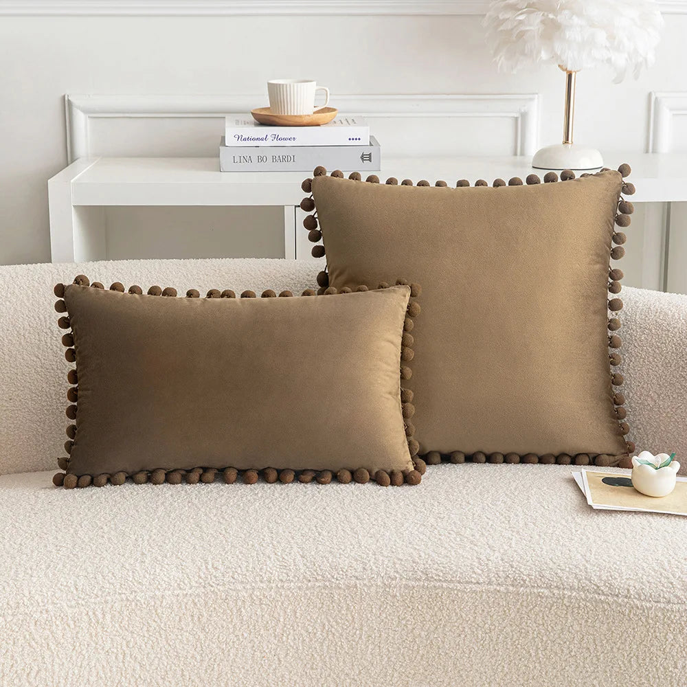 Velvet Throw Pillow Cover with Cute Pompom 30x50cm 45x45cm 50x50cm European Luxury Cushion Case for Christmas Gift Pillow Cover