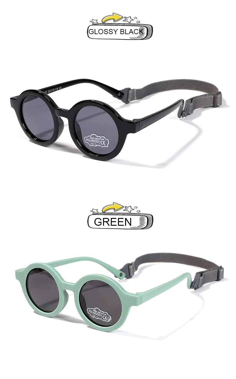 Baby Polarized Round Sunglasses Flexible Rubber Shades with Strap for Toddler Newborn Infant Ages 0-36 Months