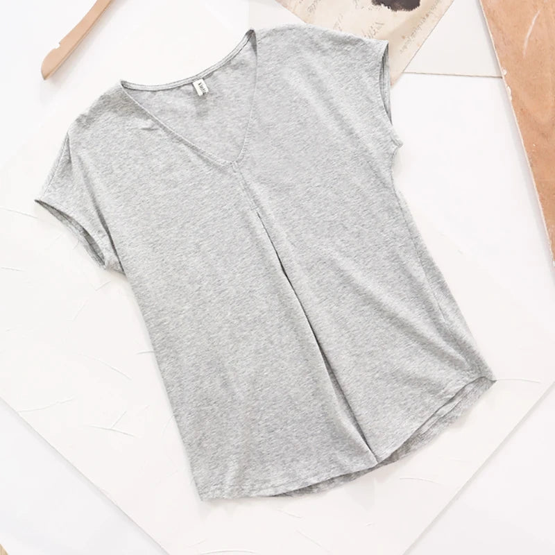 Original Fashion Casual Women Cotton T-Shirts Short Sleeve V-neck Summer Loose Big Size Women Tees Top Yellow T-shirt M30395