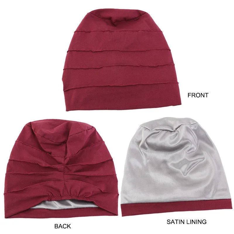 Women Stretch Beanie Chemo Cotton Hair Turban Hat Double-layer Soft Satin Lining Crinkled Hijab Inner Hijab Caps