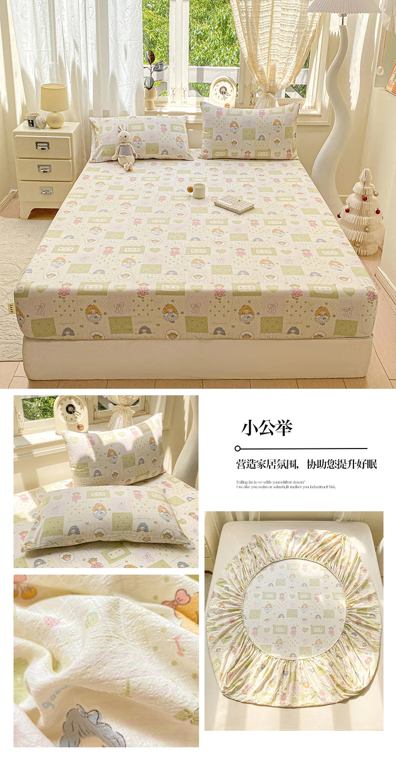 Washed Cotton Fitted Sheet with Elastic Bands Non Slip Adjustable Mattress Cover Printed  Pure Cotton  for Double King Queen
